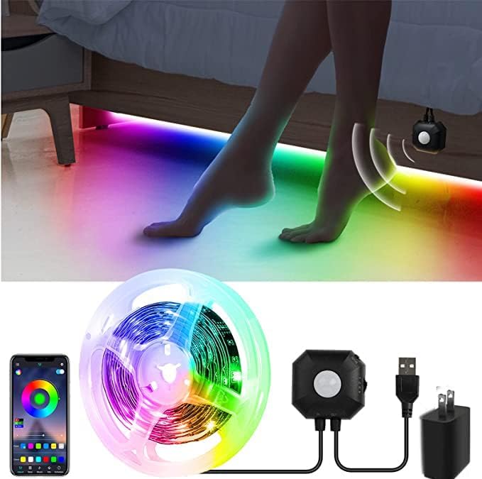 Motion Activated Under Bed Lights, 2x9.84ft 5050 RGB Color Changing LED Strip Lights with Sensor, APP Control and Music Sync, Dimmable Night Light for Bedroom Stair Father Day Gifts