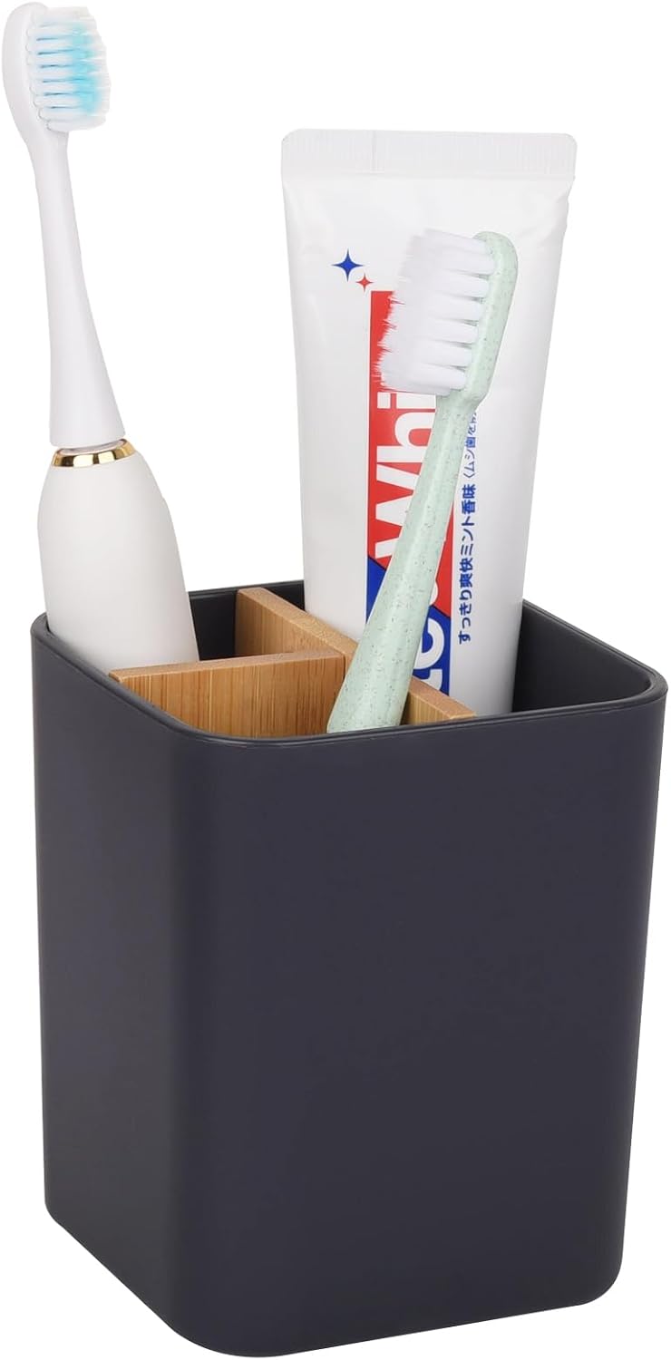 Bamboo Toothbrush Holder for Bathrooms Toothpaste Organizer - Black | Detachable Inserts, 3 Slots, Bathroom Counter Organizer, for Kids Electric Toothbrushes, Floss, Razors