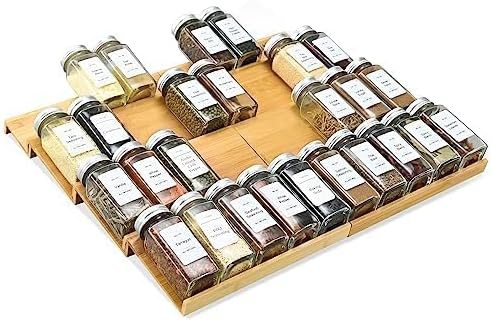 Spice Drawer Organzier,4 Tiers Bamboo Spice Rack Tray Insert for Cabinet Drawer Countertop, Kitchen Seasoning Storage Drawer Organization,14.57" Wide x 15.8" Deep （Hold UP To 32 Jars