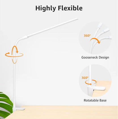 Lepro Small Desk Lamp with Clamp, LED Reading Lamps, 460LM, 5W, White | 3 Color Modes 10 Brightness, Dimmable USB Clip on Desk Light with Gooseneck Swing Arm for Nail, Home Office and Dorm