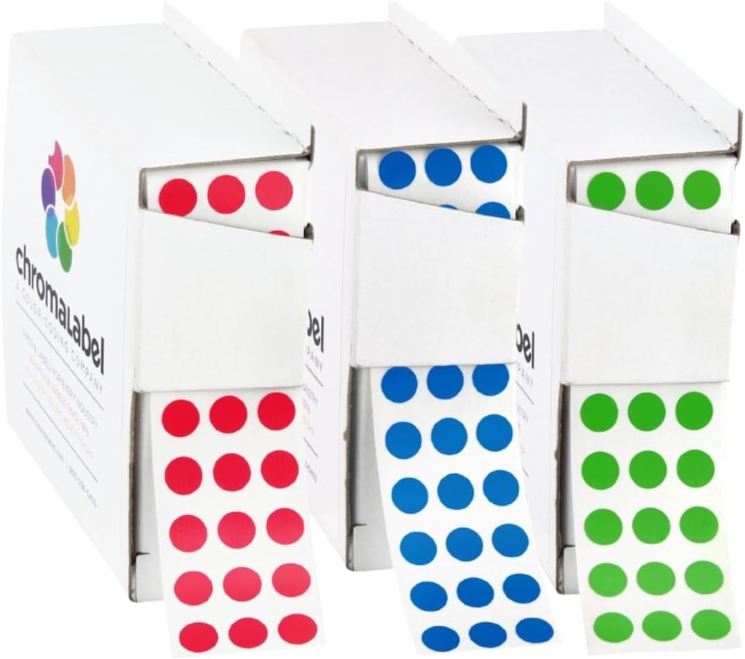 Dark Blue, Red & Yellow Dots, 1/4 Inch, 1000/Box Each Color | Writable Semi-Gloss Circle Labels in Dark Blue, Red and Yellow for Offices, Retail and Classrooms. Made in USA - Colors A