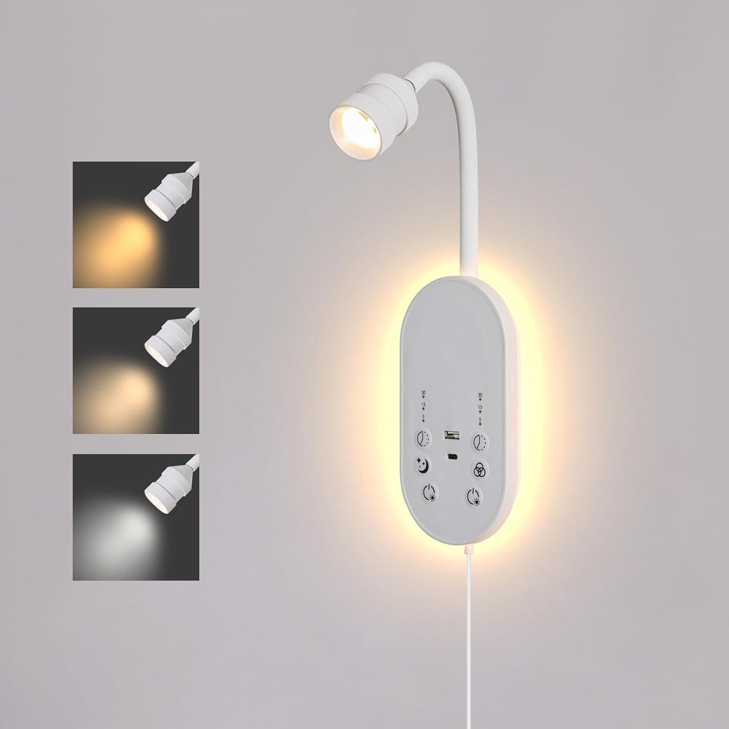LED Wall Mounted Reading Light for Bed, Book Light for Reading with Touch Control, Stepless Dimmable, Flexible Gooseneck Bed Light with USB C+A, Night Light & Timers Function (White)
