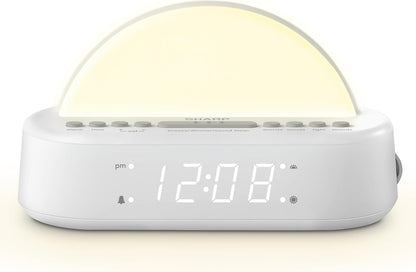 SHARP Sunrise Alarm Clock with Wake-Up Light, Sleep Sounds and Night Light | Sunrise wake light; Sunset sleep timer; 5 sleep sounds; 8-color night light; Dimmer; Snooze; Battery backup