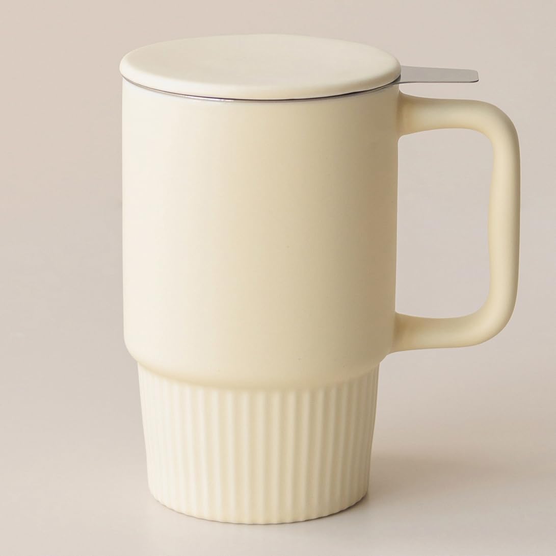 Ceramic Tea Mug with Stainless Steel Infuser and Lid, Ribbed Loose Leaf Tea Cup, Comfort-Grip Curved Handle, Minimalist Aesthetic Coffee Mug for Home Office, 20oz (Matte Buttercream)