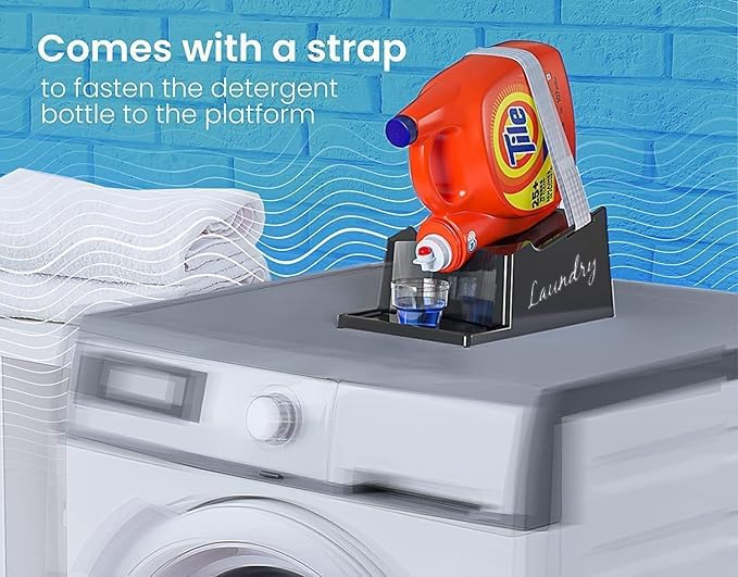 Skywin Liquid Laundry Detergent Holder Stand - 1 Pack - Black with Print | Easy Pouring, Rubber Feet, Angled Stand, Fabric Softener Dispenser for Laundry Room Organization & Storage