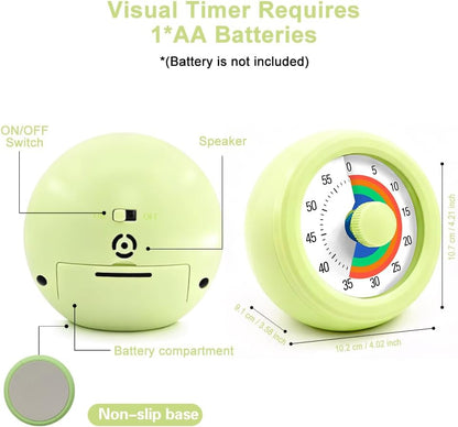 60 Minute Visual Timer with Silent Operation Visual Countdown Timer Rainbow Disk 60 Minute Countdown Timer Task Reminder Home and Kitchen Timer for Kids Desk, Office Meetings (Green)