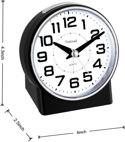 Tinload 4.3" No Ticking Analog Alarm Clock,Silent Readable for Seniors,Easy to Set,Gradual Rise Alarm,Big Numbers,On/Off Switch on Side,Gentle Wake,Snooze,Lighted on Demand,Battery Operated,Black