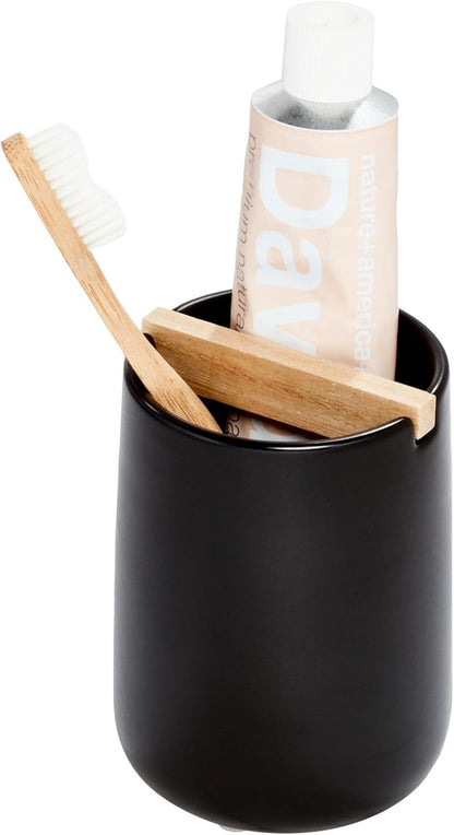 iDesign Ceramic Earth Collection Toothbrush Holder, Moss/Natural Wood | Paulownia Wood Divider