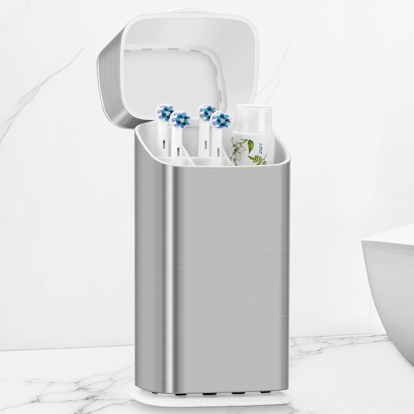 GFWARE Electric Toothbrush Holder with Cover, Ventilated & Drainage, Silver | Detachable 5 Slots Bathroom Organizer for Toothbrush & Toothpaste, Waterproof & Dustproof, Electric Toothbrushes Under 10 In