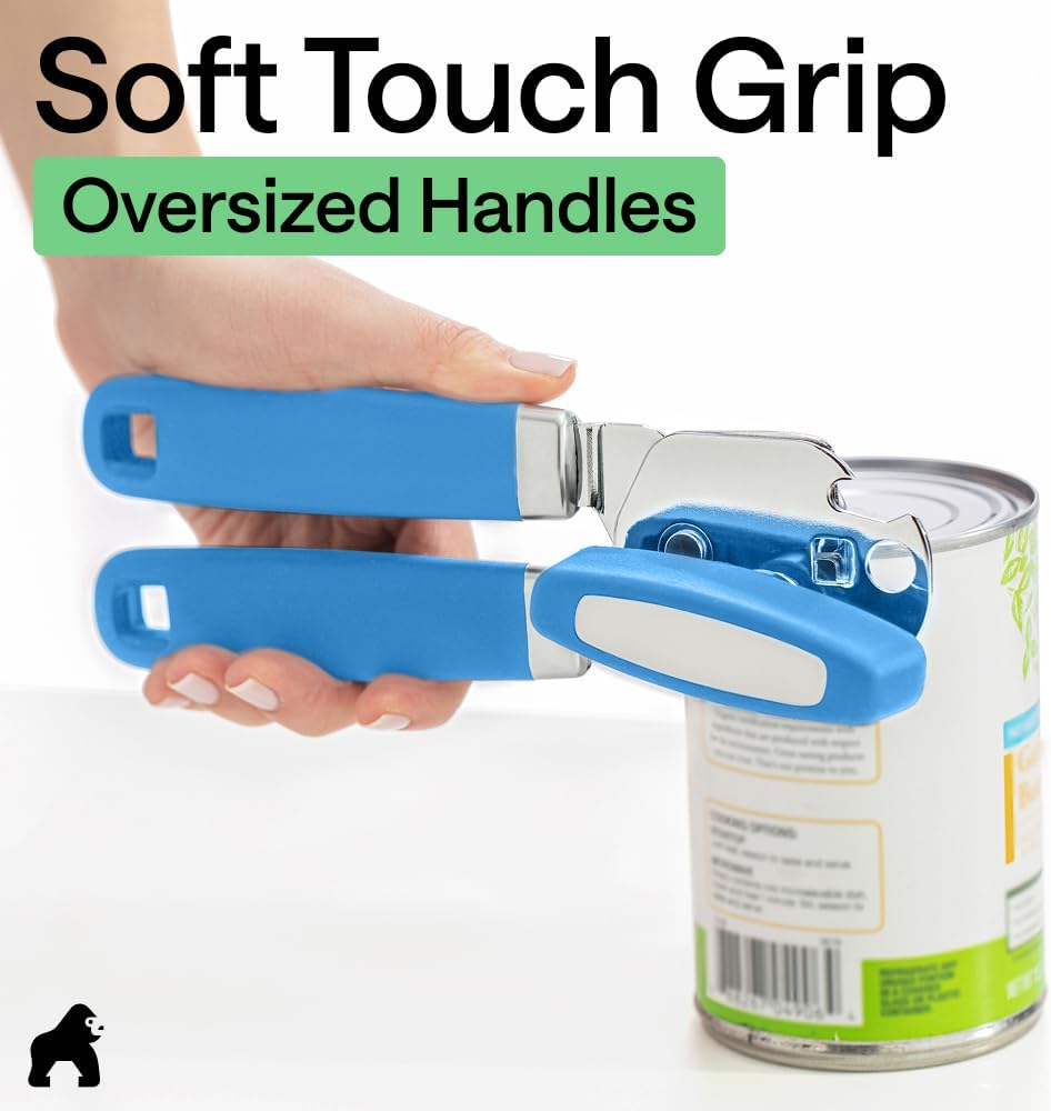 GORILLA GRIP Original Model Stainless Steel Smooth Edge Manual Can Opener and Bottle Openers, US Designed, Comfortable Handle, Oversized Handheld Turn Knob, Multifunctional Kitchen Tool, Gray