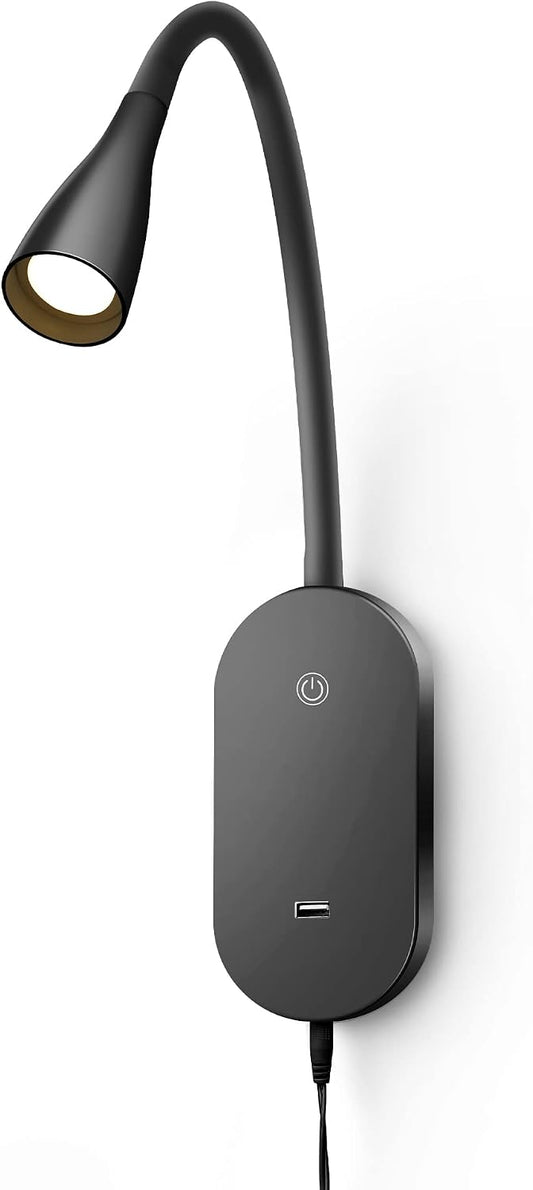 Wall Mount Reading Light, Focused Book Light for Reading in Bed, 5 Dimming, USB Output, 4 Hours Auto Off, Touch Control, Flexible Gooseneck Headboard Reading Lamp, Easy to Install White | Focused bedside light with touch dimming, flexible gooseneck, USB