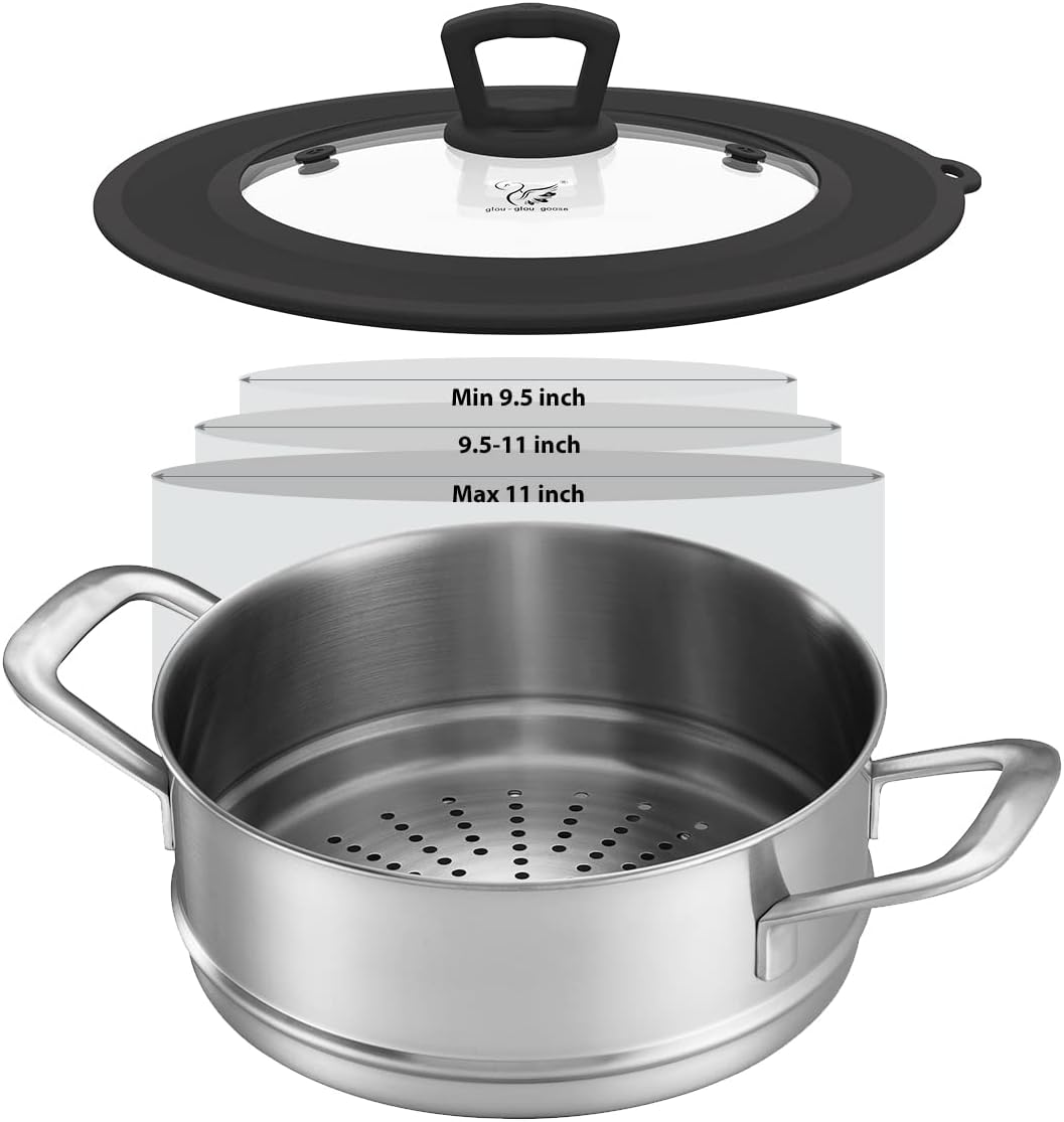 Vented Tempered Glass Universal Lid for Pot Pan Skillet with Heat Resistant Silicone Rim Microwave Splatter Lid Cover Microwave Safe Fit 11.5" 12" 12.5" Cookware, Dishwasher Safe Black
