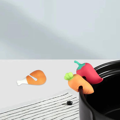 6Pcs Spill-stop Silicone Lid Lifter for Soup Pot - Heat Resistant, Keep Lids Open, Reduce Spills - Chicken Leg, Pepper, Carrot