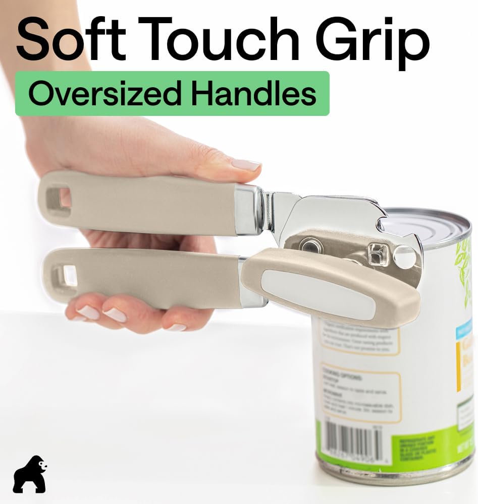GORILLA GRIP Original Model Stainless Steel Smooth Edge Manual Can Opener and Bottle Openers, US Designed, Comfortable Handle, Oversized Handheld Turn Knob, Multifunctional Kitchen Tool, Gray