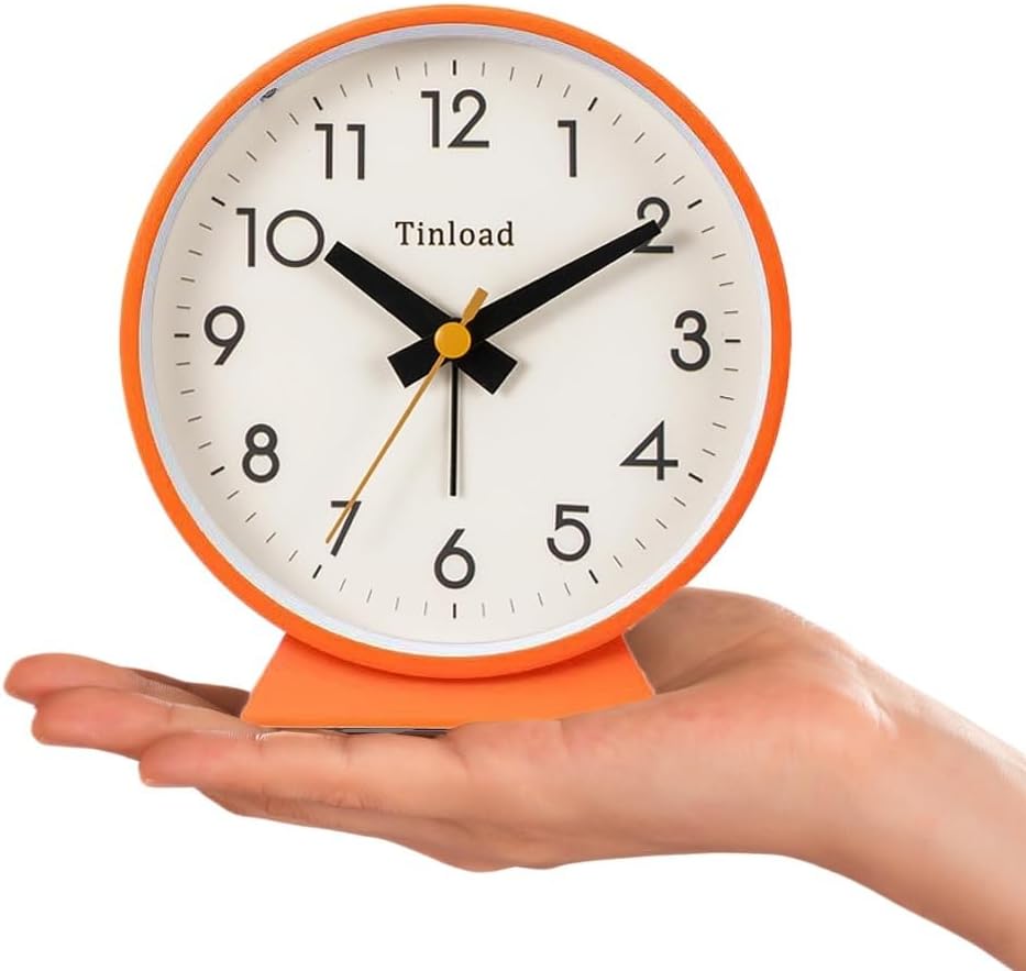 Tinload 4.5" Battery Operated Analog Alarm Clock, Small Silent Bedside Desk Clock with Night Light, Blue