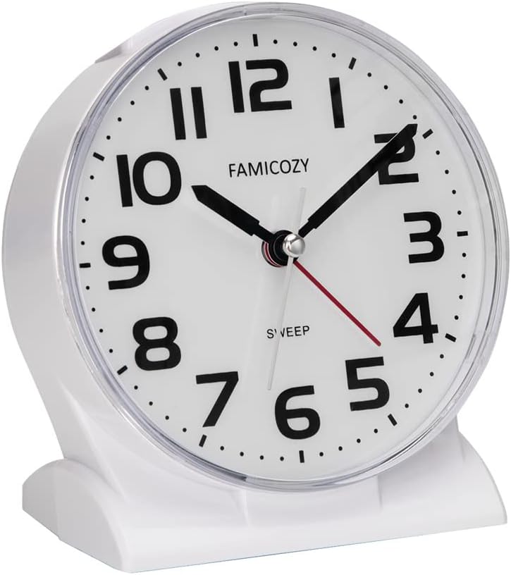 FAMICOZY 4.5" No Ticking Analog Alarm Clock,Silent Readable for Seniors,Easy to Set,Gradual Rise Alarm,Big Numbers,On/Off Switch on Side,Gentle Wake,Snooze Soft Backlight,Battery Operated,Black
