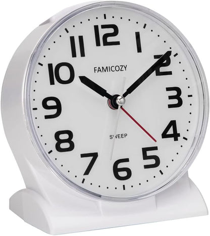 FAMICOZY 4.5" No Ticking Analog Alarm Clock,Silent Readable for Seniors,Easy to Set,Gradual Rise Alarm,Big Numbers,On/Off Switch on Side,Gentle Wake,Snooze Soft Backlight,Battery Operated,Black