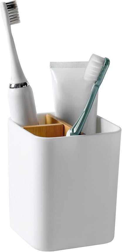 Bamboo Toothbrush Holder for Bathrooms Toothpaste Organizer - Black | Detachable Inserts, 3 Slots, Bathroom Counter Organizer, for Kids Electric Toothbrushes, Floss, Razors