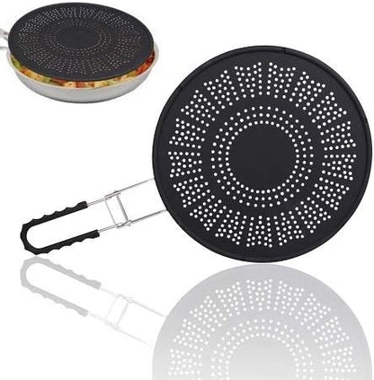 XL 11.5" Silicone Splatter Screen Shield- Multi Use Cover w Foldable Handle | Features Built in Water Strainer, Protect from Oil, Grease with Shield Guard- Fits Most Kitchen Frying Pans, Heat Resistant