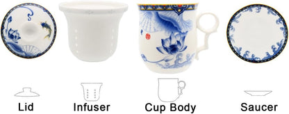 Porcelain Tea Cup with Infuser Lid and Saucer Sets - Chinese Jingdezhen Ceramics Coffee Mug Teacup Loose Leaf Tea Brewing System for Home Office