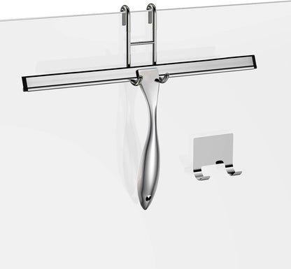 Shower Squeegee and Window Squeegee, Stainless Steel, 100% Streak-Free, Cleaner for Bathroom Showers Glass Doors, Home Mirrors, Car Windows Wiper, Adhesive Holder, Shower Door Hook, 10 Inch, Gold