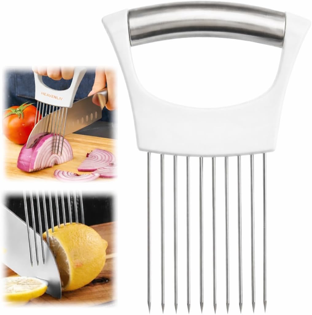 Onion Holder Slicer with Stainless Steel Blades, Vegetable Chopper for Tomato, Potato, Avocado, Lemon, Food Cutting Assistant Tool