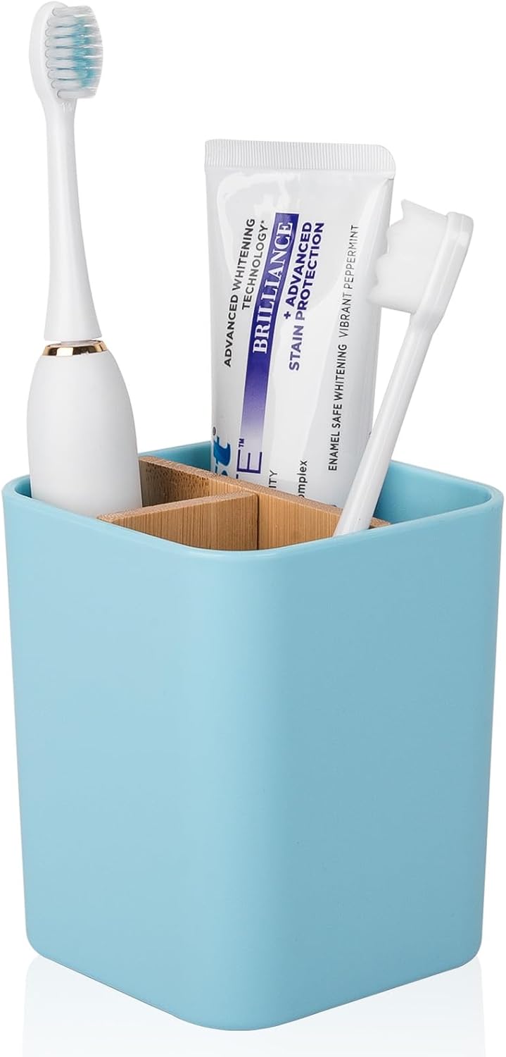 Bamboo Toothbrush Holder for Bathrooms Toothpaste Organizer - Black | Detachable Inserts, 3 Slots, Bathroom Counter Organizer, for Kids Electric Toothbrushes, Floss, Razors