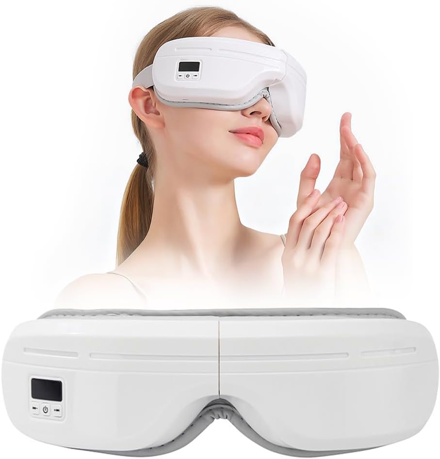 Eye Massager with Heat, Foldable Massaging Eye Mask with Five Massage Modes, Rechargeable Bluetooth Music Sleep Mask for Dry Eyes Relax, Reduce Strain, White