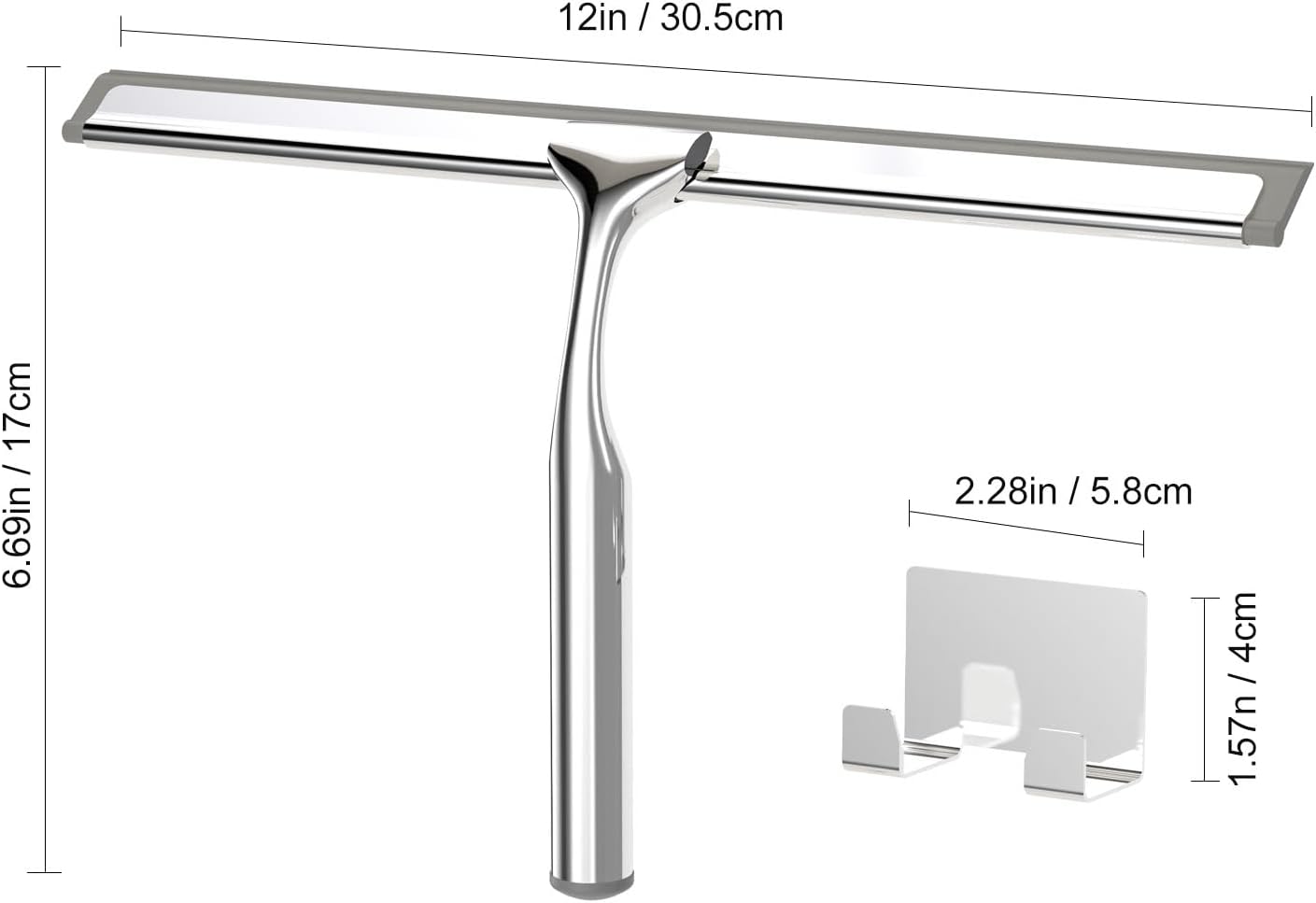 Shower Squeegee for Glass Doors, Stainless Steel Shower Squeegee for Bathroom, Window and Tiles, All-Purpose Squeegee with Adhesive Hook-10”, Chrome
