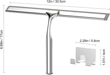 Shower Squeegee for Glass Doors, Stainless Steel Shower Squeegee for Bathroom, Window and Tiles, All-Purpose Squeegee with Adhesive Hook-10”, Chrome