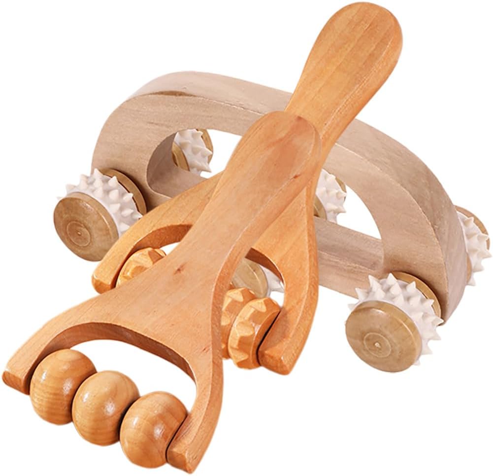 Lurrose Wooden Massage Roller Set 3Pcs Handheld Full Body Massager Tools for Foot Leg Back Pain Relief Portable Manual Massage Tool for Office Home Travel