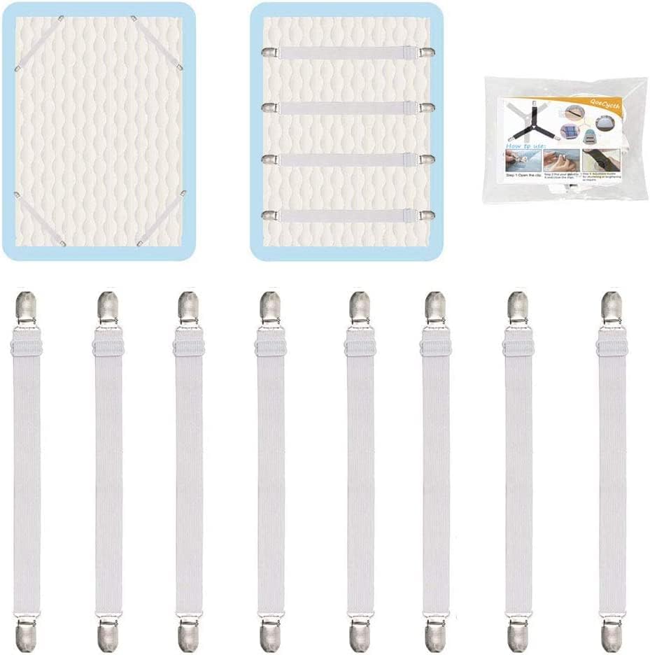 Adjustable Bed Sheet Straps Clips, Elastic Mattress Sheet Fasteners Holder and Suspenders, Grippers to Hold Sheet, Mattress, Sofa, Couch, Table Cloth, Recliner Ironing Board Cover and More