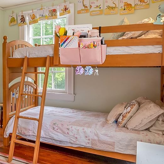 Bedside Caddy Organizer 5 Pockets and 4 Hooks for Bunk Bed Pink | Hanging Storage Bag for Headboards