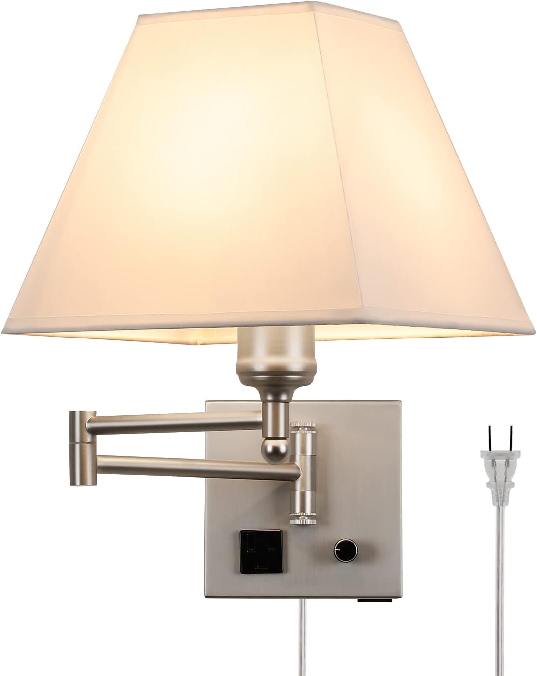 Wall Mounted Lamp Plug in Wall Sconce with Dimmable Switch Swing Arm Wall Lamp Whire Fabric Shade with USB Port Gold Wall Sconce Suitable for Hallway Bedroom Living Room…