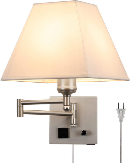 Wall Mounted Lamp Plug in Wall Sconce with Dimmable Switch Swing Arm Wall Lamp Whire Fabric Shade with USB Port Gold Wall Sconce Suitable for Hallway Bedroom Living Room…