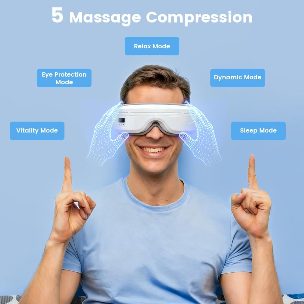 Eye Massager with Heat, Foldable Massaging Eye Mask with Five Massage Modes, Rechargeable Bluetooth Music Sleep Mask for Dry Eyes Relax, Reduce Strain, White