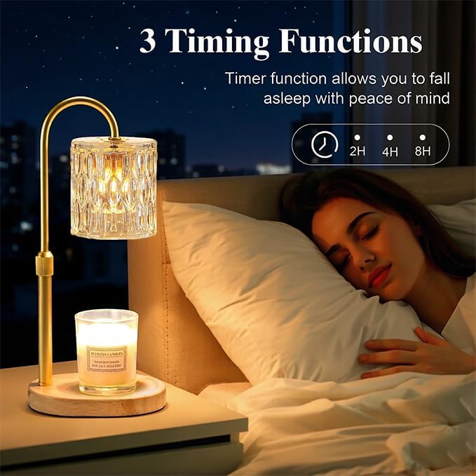 Dreamholder Electric Candle Warmer Lamp with Timer, Dimmable Candle Lamp with Adjustable Height, Wax Melter for Jar Candles Wood Base Floral Home Decor Gifts for Women Mom, Silver Glass
