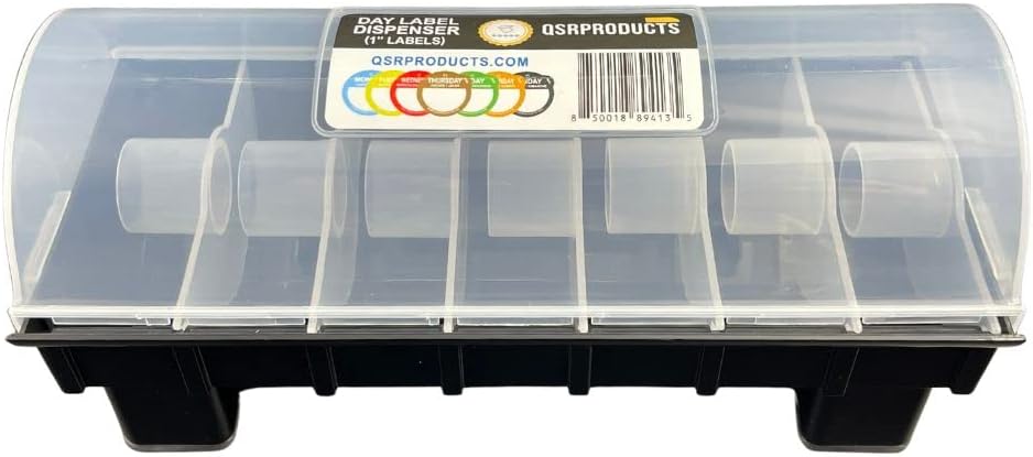 QSRProducts 7-Slot Day of The Week Covered Label Dispenser (for 3/4" & 1" Labels) - Food Sticker Holder for Inventory Management and Meal Prep, Protects Labels Inside