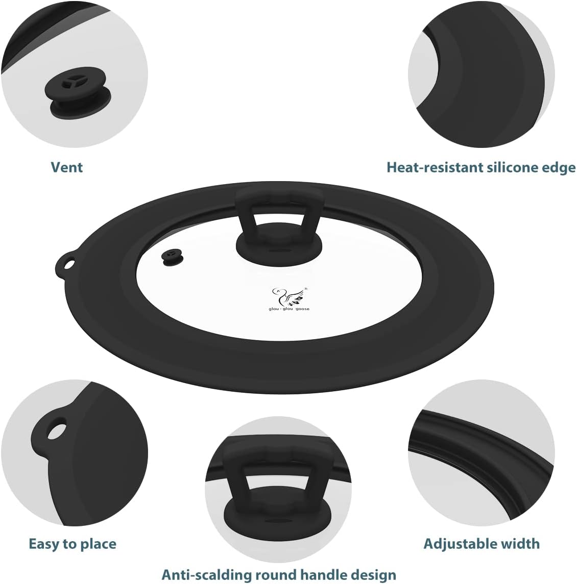 Vented Tempered Glass Universal Lid for Pot Pan Skillet with Heat Resistant Silicone Rim Microwave Splatter Lid Cover Microwave Safe Fit 11.5" 12" 12.5" Cookware, Dishwasher Safe Black