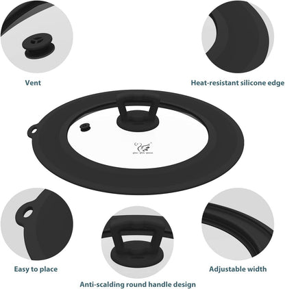 Vented Tempered Glass Universal Lid for Pot Pan Skillet with Heat Resistant Silicone Rim Microwave Splatter Lid Cover Microwave Safe Fit 11.5" 12" 12.5" Cookware, Dishwasher Safe Black