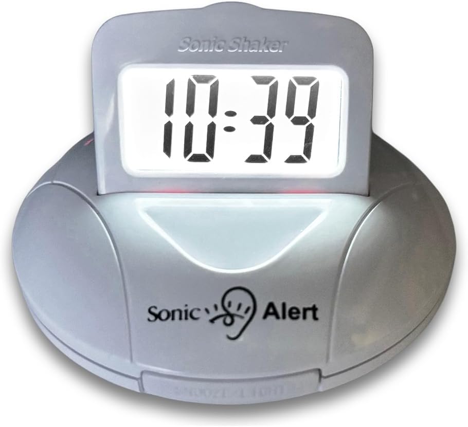 Sonic Shaker SBP200 White Compact Travel Alarm Clock – Pop-Up LCD Digital Screen – Bed Shaker Vibration – Buzz and Vibrate Modes – Rechargeable Alarm Clock