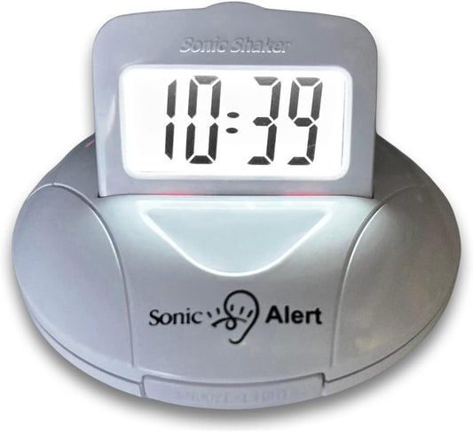 Sonic Shaker SBP200 White Compact Travel Alarm Clock – Pop-Up LCD Digital Screen – Bed Shaker Vibration – Buzz and Vibrate Modes – Rechargeable Alarm Clock