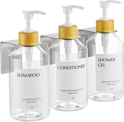 Shampoo and Conditioner Dispenser Set of 3 for Wall Mount | 16.9 fl oz Drill Free Shower Soap Bottles,Refillable Body Wash Dispensers for Bathroom Decor (Amber Bottles + Bamboo Pumps)