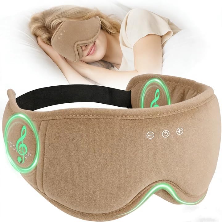Sleep Mask with Headphones Bluetooth 5.4, LC-dolida Wireless Music Eye Mask for Sleeping Headphones with Soft Bamboo Cotton Cooling Breathable,Ultra-Thin Stereo Speaker for Side Sleepers-Khaki