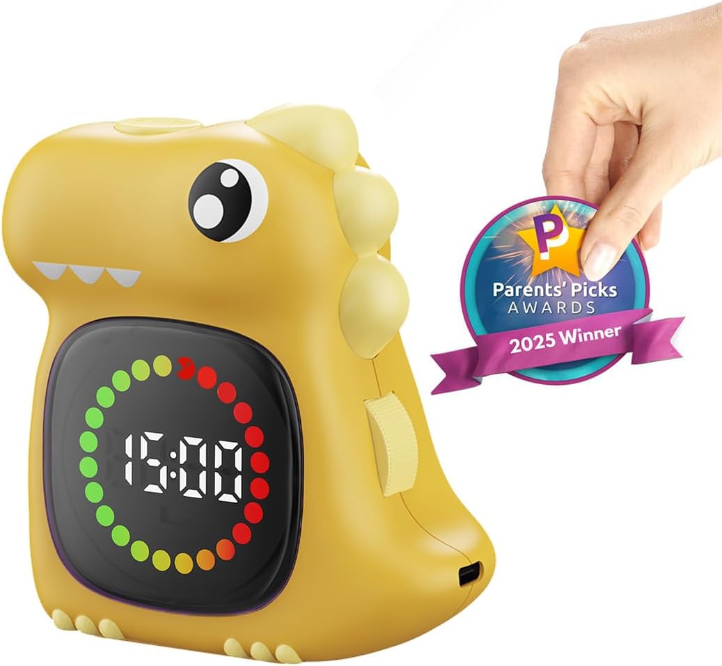 Pink Dinosaur Visual Timer for Kids, Girls Potty Training Timer | Color Countdown, Rechargeable, LED Screen, 99 Minute, Toddler, Children, Transition, 2-Min Toothbrush Setting, Hand Washing
