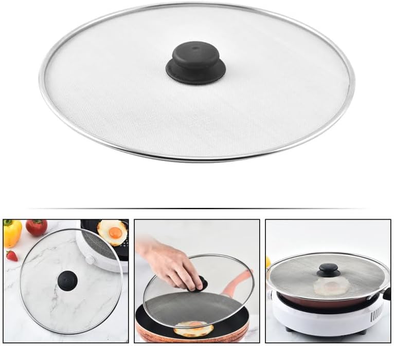 Hemobllo Grease Splatter Guard Stainless Steel Fine Mesh Splatter Screen Lid with Insulated Handle for Oil Splash Protection & Easy Cleanup, for Frying Pan, Stovetop, Home & Restaurant