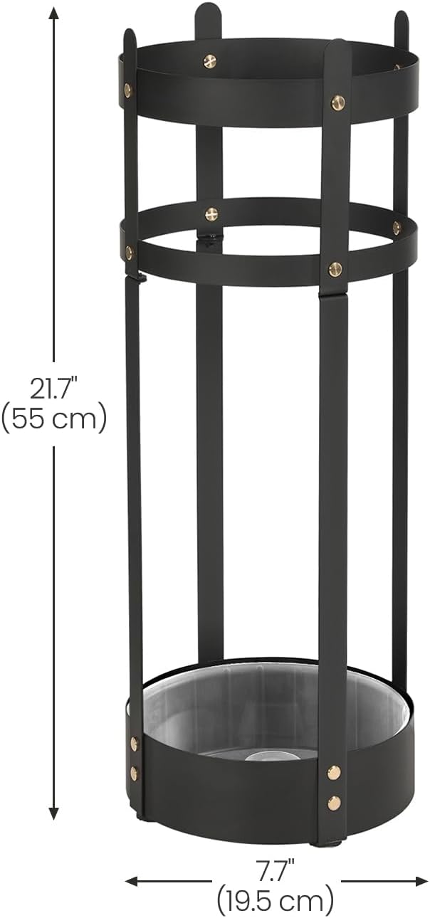 SONGMICS Umbrella Stand, Steel Round Umbrella Holder Rack, 7.7 x 7.7 x 21.7 Inches, with Detachable Drip Tray, for Entryway, Office, Stable, Assembly Required, Matte Black ULUC28BK