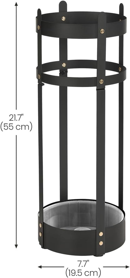 SONGMICS Umbrella Stand, Steel Round Umbrella Holder Rack, 7.7 x 7.7 x 21.7 Inches, with Detachable Drip Tray, for Entryway, Office, Stable, Assembly Required, Matte Black ULUC28BK