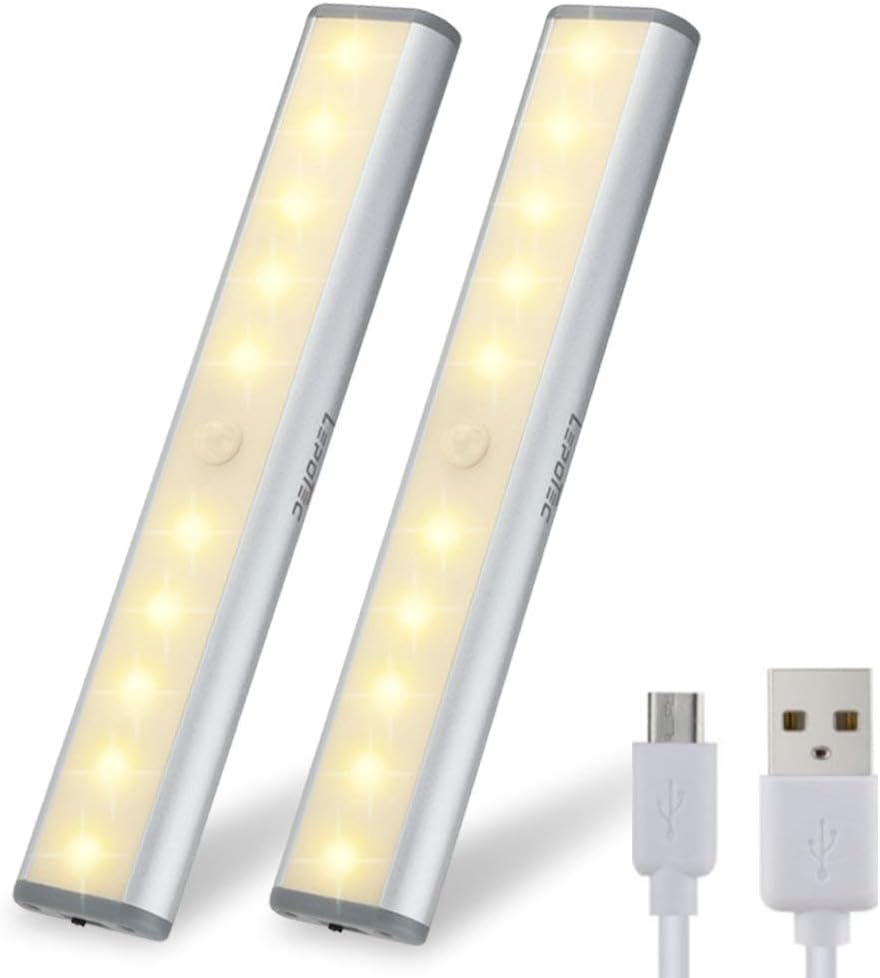 Wireless Motion Sensor Cabinet Lights 10-LED USB Rechargeable Closet Lights LED Under Cabinet Lighting for Wardrobe/Drawer/Stairs/Cupboard/Counter/Pantry/Stairs,Stick On Anywhere,2 Pack,White Light