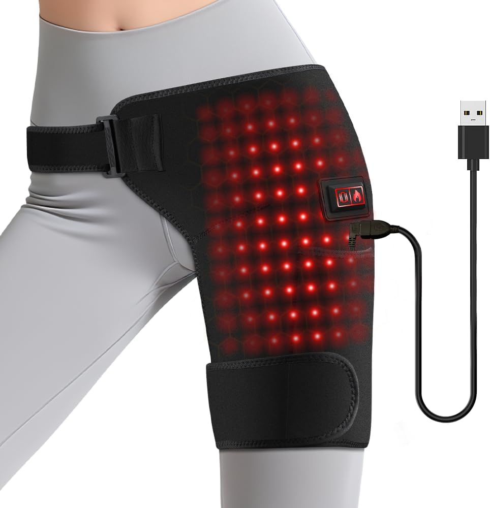 Red Light Hip Heating Pad for Sciatica & Hip Pain Relief, USB Powered Hip Brace with Vibration & 3 Heat Levels, Wearable Support for Lower Back, Thigh & Buttock
